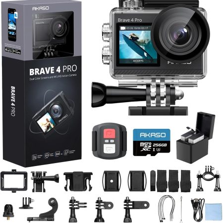 AKASO Brave 4 Pro 4K30 Action Camera with 256GB MicroSD U3 Card 131FT Underwater Waterproof Camera EIS Touch Screen Remote Control with 2x1350mAh Batteries and Helmet Accessories Kit Bundle